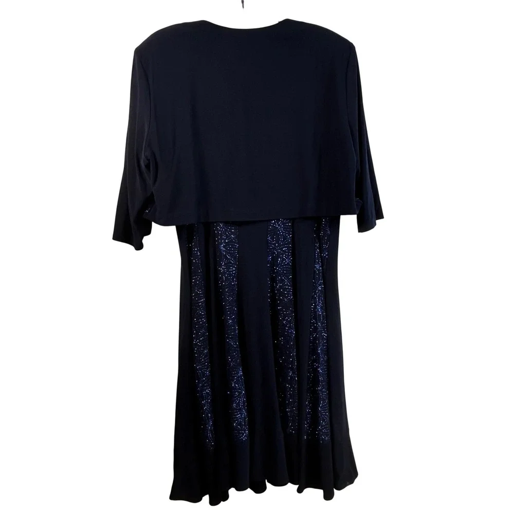 R&M Richards Womens Navy Blue 2‎ Piece Glitter Floral Dress and Jacket Set XL